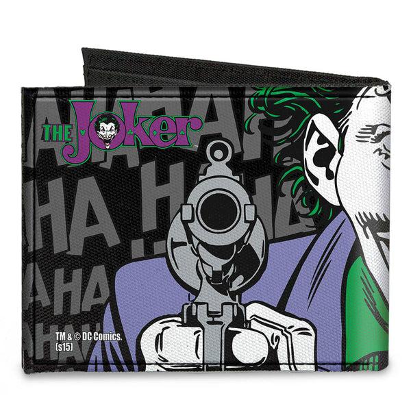 Buckle-Down Canvas Bi-Fold Wallet - The JOKER HAHAHAHA CLOSE-UP Pose Black Gray