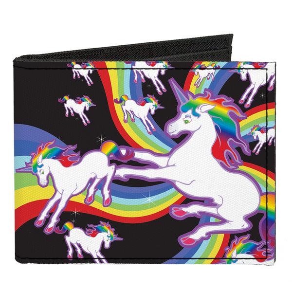 Buckle-Down Canvas Bi-Fold Wallet - Unicorns Rainbow Swirl Black