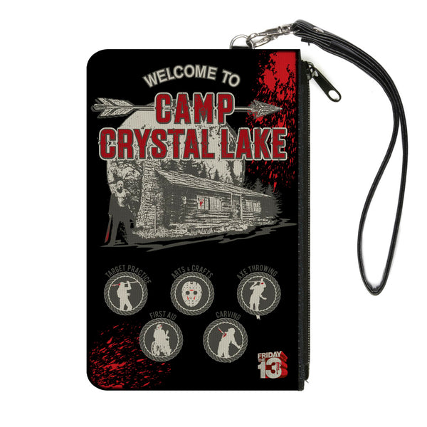 Buckle-Down Canvas Zipper Wallet - LARGE - Friday the 13th WELCOME TO CAMP CRYSTAL LAKE Jason Cabin Badges Black Grays Reds