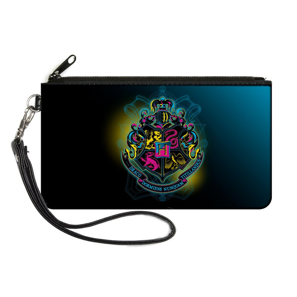 Buckle-Down Canvas Zipper Wallet - LARGE - Harry Potter Hogwarts Crest Black Yellow Aqua Fade Multi Neon