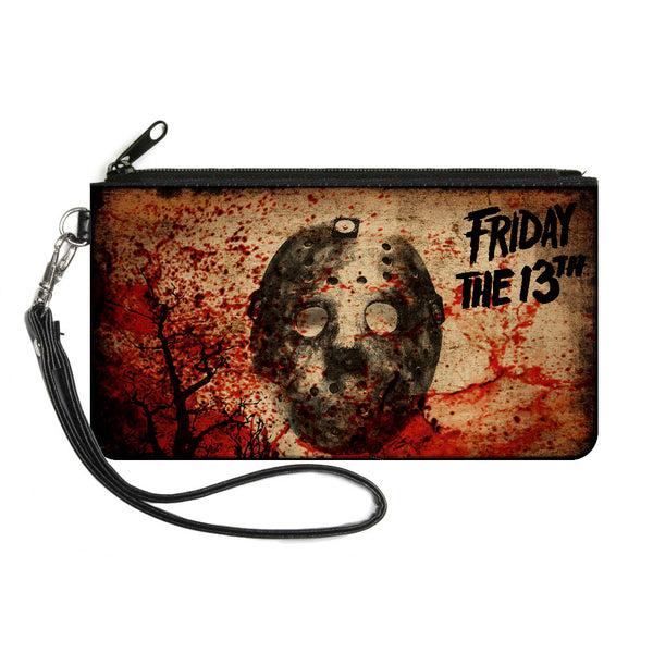 Buckle-Down Canvas Zipper Wallet - SMALL - FRIDAY THE 13th Jason Mask Trees Tans Blood Splatter Black