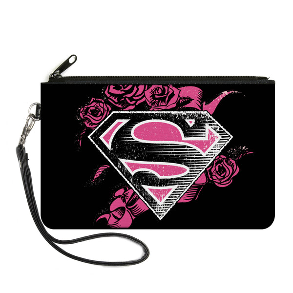 Buckle-Down Canvas Zipper Wallet - SMALL - Superman Shield4/Roses Weathered Black/White/Pinks