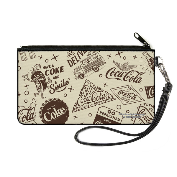 Buckle-Down Canvas Zipper Wallet - SMALL - Vintage Coca-Cola HAVE A COKE AND SMILE Icons Collage Beige/Brown