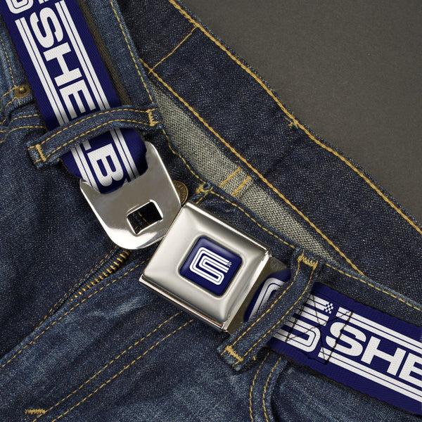 Buckle-Down Carroll Shelby CS Racing Logo Full Color Navy/White Seatbelt Belt - Carroll Shelby CS SHELBY Racing Logo Block Navy/White Webbing