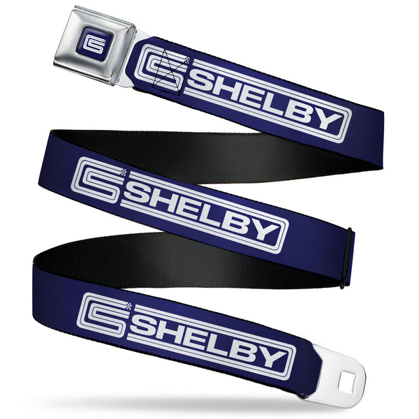 Buckle-Down Carroll Shelby CS Racing Logo Full Color Navy/White Seatbelt Belt - Carroll Shelby CS SHELBY Racing Logo Block Navy/White Webbing