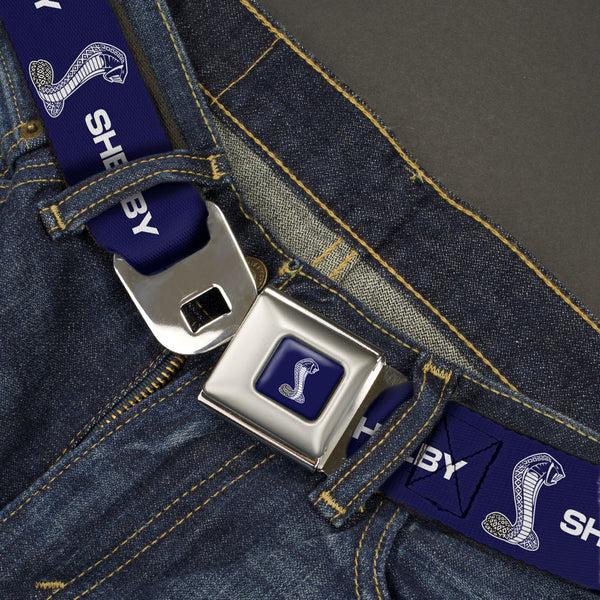 Buckle-Down Carroll Shelby Super Snake Cobra Navy/White Seatbelt Belt - SHELBY Super Snake Cobra Navy/White Webbing