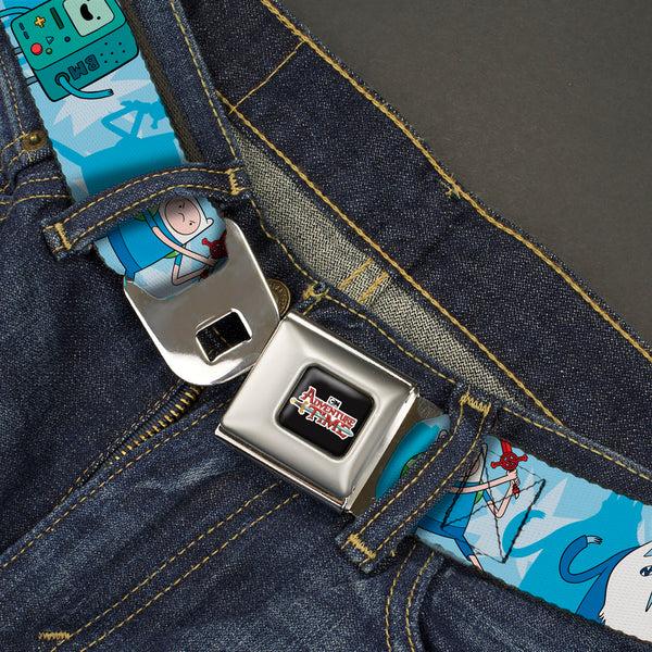 Buckle-Down Cartoon Network ADVENTURE TIME Title Logo Full Color Black Seatbelt Belt - Adventure Time BMO Finn Ice King Jake Group Pose Blues Webbing
