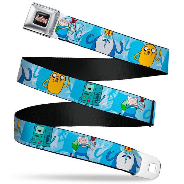 Buckle-Down Cartoon Network ADVENTURE TIME Title Logo Full Color Black Seatbelt Belt - Adventure Time BMO Finn Ice King Jake Group Pose Blues Webbing