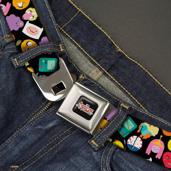 Buckle-Down Cartoon Network ADVENTURE TIME Title Logo Full Color Black Seatbelt Belt - Adventure Time Character Face Icons Scattered Black Webbing