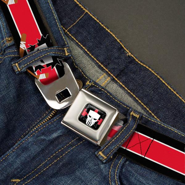 Buckle-Down Casey Jones Head/Stripe Full Color Black/Red/White Seatbelt Belt - Casey Jones Baseball & Hockey Stick CLOSE-UP Stripe Black/White/Red Webbing