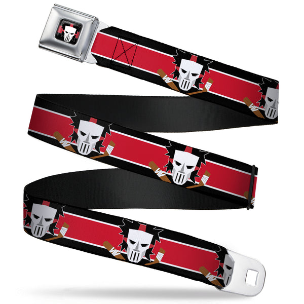 Buckle-Down Casey Jones Head/Stripe Full Color Black/Red/White Seatbelt Belt - Casey Jones Baseball & Hockey Stick CLOSE-UP Stripe Black/White/Red Webbing