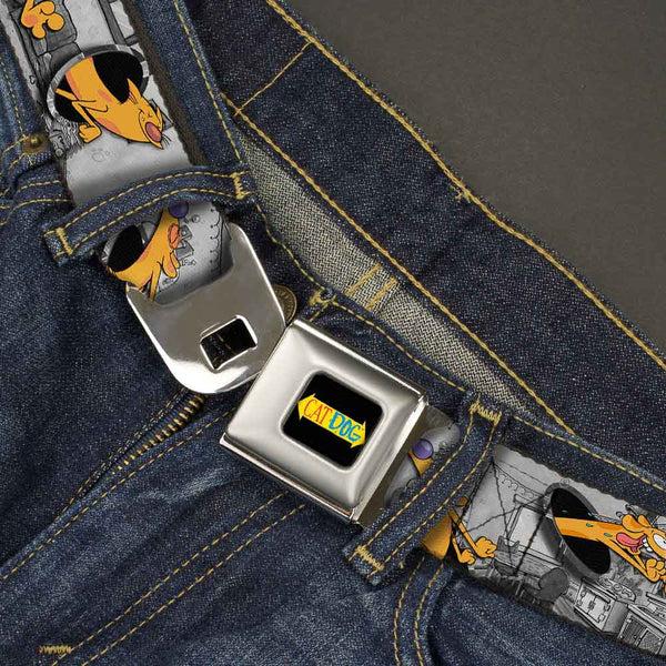 Buckle-Down CAT DOG Logo Full Color Black/Yellow/Red/Blue Seatbelt Belt - CatDog House Poses Grays Webbing