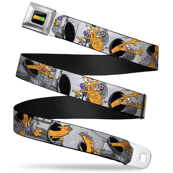 Buckle-Down CAT DOG Logo Full Color Black/Yellow/Red/Blue Seatbelt Belt - CatDog House Poses Grays Webbing