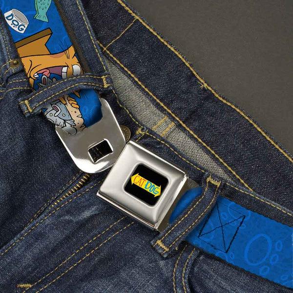 Buckle-Down CAT DOG Logo Full Color Black/Yellow/Red/Blue Seatbelt Belt - CatDog Hanging Out Poses Blue Webbing