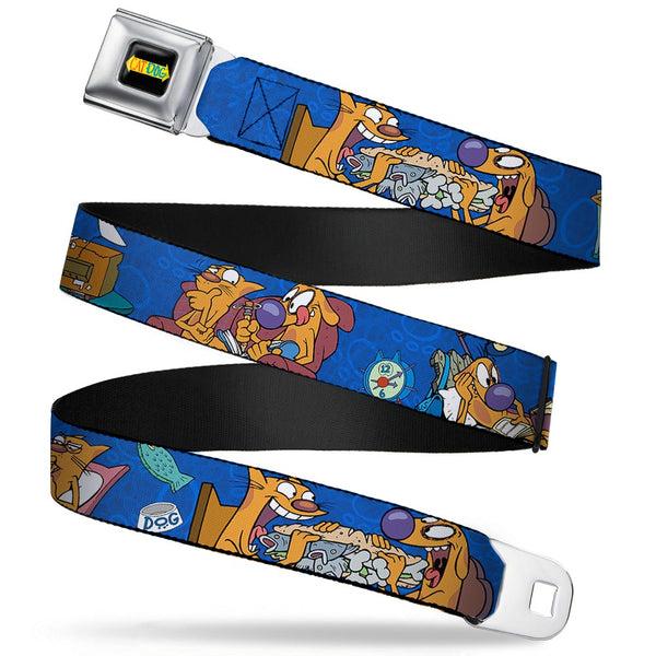 Buckle-Down CAT DOG Logo Full Color Black/Yellow/Red/Blue Seatbelt Belt - CatDog Hanging Out Poses Blue Webbing