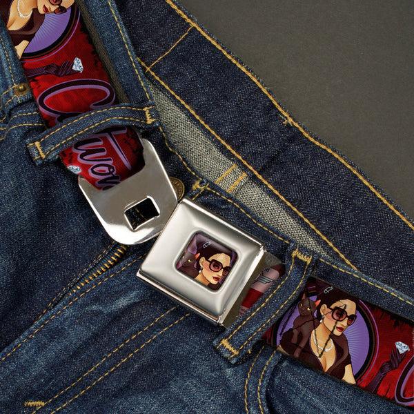 Buckle-Down CATWOMAN Bombshell Face CLOSE-UP Full Color Red Seatbelt Belt - CATWOMAN Bombshell Pose/Diamonds Red/Purple/Black Webbing