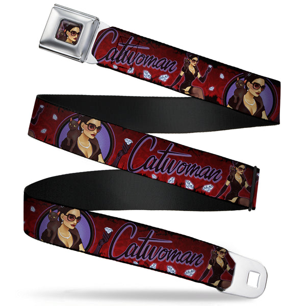 Buckle-Down CATWOMAN Bombshell Face CLOSE-UP Full Color Red Seatbelt Belt - CATWOMAN Bombshell Pose/Diamonds Red/Purple/Black Webbing