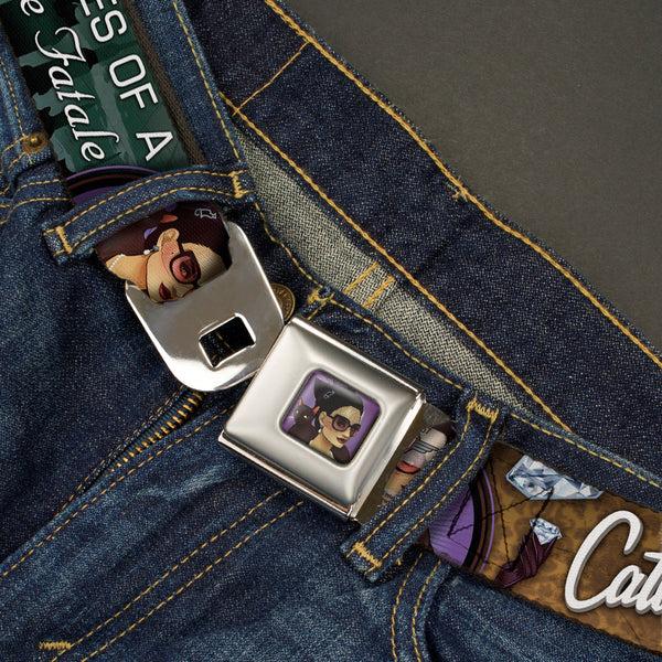 Buckle-Down CATWOMAN Bombshell Face Full Color Purple Seatbelt Belt - CATWOMAN-NINE LIVES OF A FELINE FATALE Bombshell Pose/Diamonds Webbing