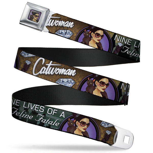 Buckle-Down CATWOMAN Bombshell Face Full Color Purple Seatbelt Belt - CATWOMAN-NINE LIVES OF A FELINE FATALE Bombshell Pose/Diamonds Webbing