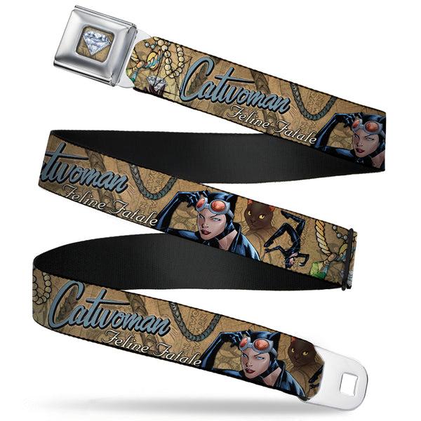 Buckle-Down Catwoman Diamond Full Color Tans Seatbelt Belt - CATWOMAN-NINE LIVES OF A FELINE FATALE Pose2/Jewelry/Black Cat Tans Webbing