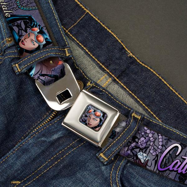 Buckle-Down Catwoman Face Full Color Purple Seatbelt Belt - CATWOMAN-NINE LIVES OF A FELINE FATALE Pose2/Jewelry/Black Cat Purples Webbing