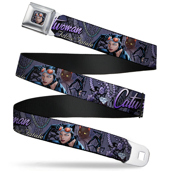 Buckle-Down Catwoman Face Full Color Purple Seatbelt Belt - CATWOMAN-NINE LIVES OF A FELINE FATALE Pose2/Jewelry/Black Cat Purples Webbing