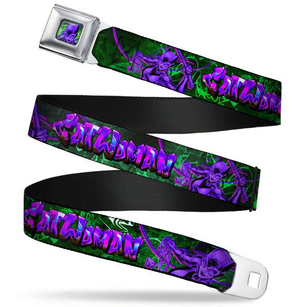 Buckle-Down Catwoman Whip Pose Face CLOSE-UP Full Color Black Greens Purples Seatbelt Belt - CATWOMAN Whip Pose/Graffiti Black/Greens/Purples Webbing