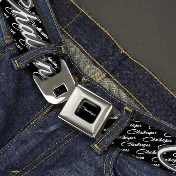 Buckle-Down CHALLENGER Script Seatbelt Belt - CHALLENGER Repeat W/Text Black/White Webbing