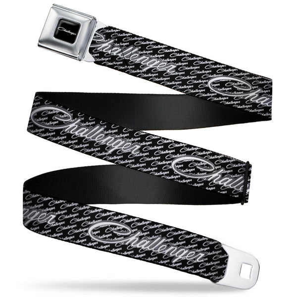 Buckle-Down CHALLENGER Script Seatbelt Belt - CHALLENGER Repeat w/Text Black/White Webbing