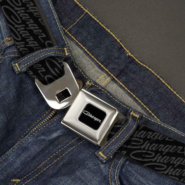 Buckle-Down CHARGER Script Emblem Corner Full Color Black Silver Fade White Seatbelt Belt - CHARGER Script Emblem Repeat Black/Grays Webbing