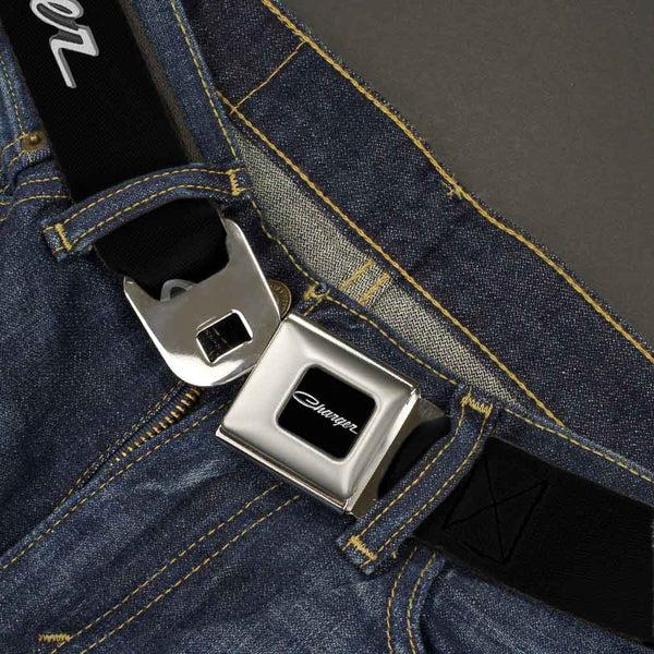 Buckle-Down CHARGER Script Emblem Corner Full Color Black Silver Fade White Seatbelt Belt - CHARGER Script Emblem Corner Black/Silver Fade/White Webbing