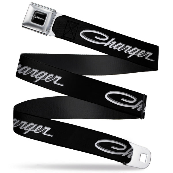 Buckle-Down CHARGER Script Emblem Corner Full Color Black Silver Fade White Seatbelt Belt - CHARGER Script Emblem Corner Black/Silver Fade/White Webbing