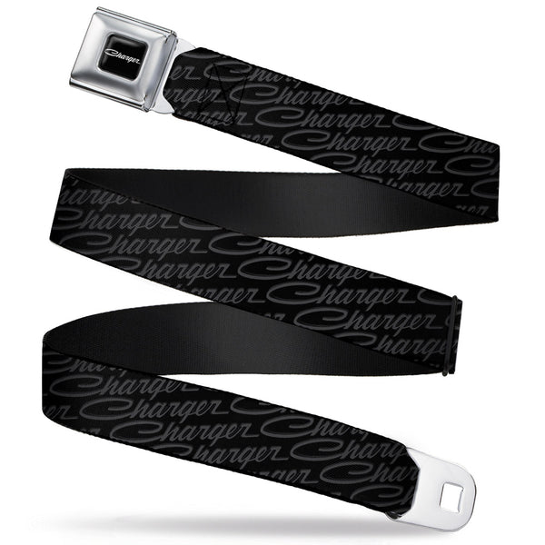 Buckle-Down CHARGER Script Emblem Corner Full Color Black Silver Fade White Seatbelt Belt - CHARGER Script Emblem Repeat Black/Grays Webbing