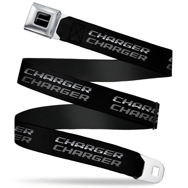 Buckle-Down CHARGER Text Seatbelt Belt - CHARGER Double Repeat Black/Gray Webbing