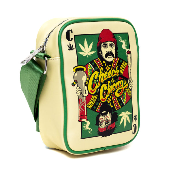 Buckle-Down Cheech & Chong Vegan Leather Cross Body Backpack For Men And Women With Adjustable Strap C Of Weeds Playing Card Replica Green