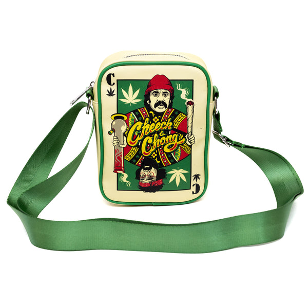 Buckle-Down Cheech & Chong Vegan Leather Cross Body Backpack For Men And Women With Adjustable Strap C Of Weeds Playing Card Replica Green