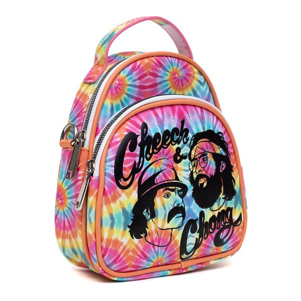 Buckle-Down Cheech & Chong Vegan Leather Cross Body Backpack For Men And Women With Adjustable Strap Faces Debossed Multi Color Tie Dye Multicolor