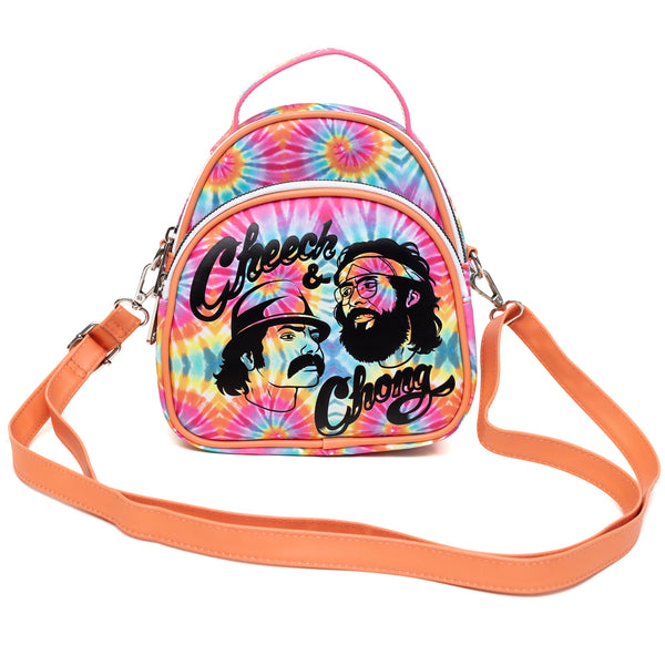Buckle-Down Cheech & Chong Vegan Leather Cross Body Backpack For Men And Women With Adjustable Strap Faces Debossed Multi Color Tie Dye Multicolor