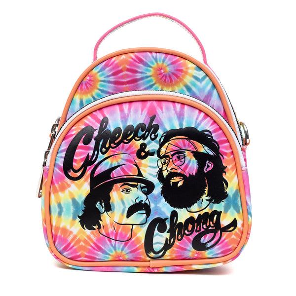 Buckle-Down Cheech & Chong Vegan Leather Cross Body Backpack for Men and Women with Adjustable Strap Faces Debossed Multi Color Tie Dye Multicolor