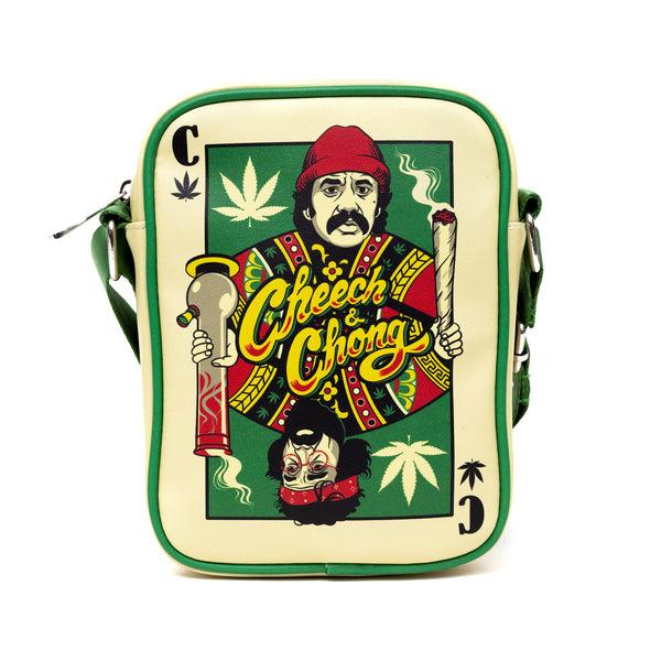 Buckle-Down Cheech & Chong Vegan Leather Cross Body Backpack for Men and Women with Adjustable Strap C of Weeds Playing Card Replica Green