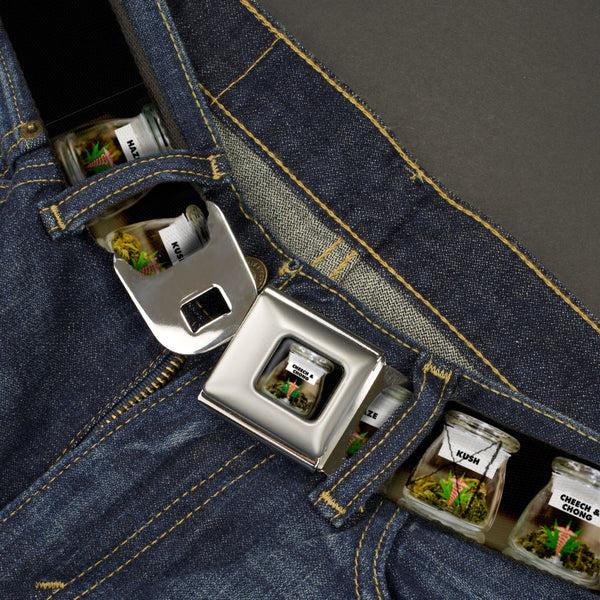 Buckle-Down CHEECH & CHONG Vivid Weed Jar Full Color Seatbelt Belt - CHEECH AND CHONG Joints Text/3-Vivid Weed Jars Black Webbing