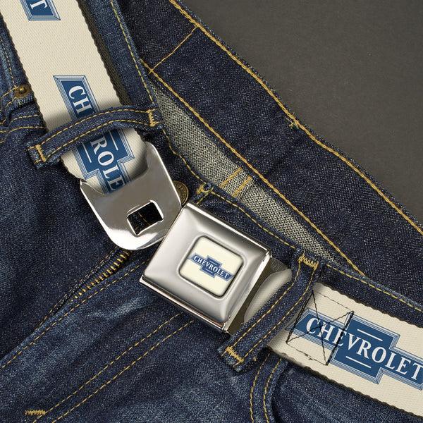 Buckle-Down CHEVROLET 1940 Bowtie Text Logo Full Color White/Blues Seatbelt Belt - CHEVROLET 1940 Bowtie Text Logo White/Blues Webbing