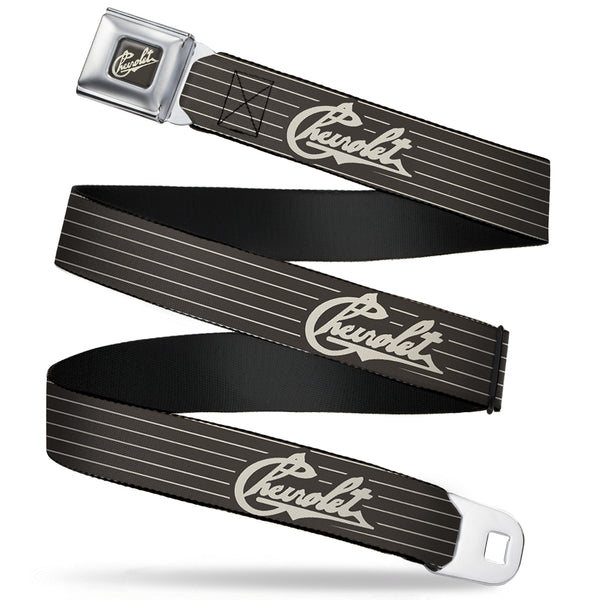 Buckle-Down CHEVROLET Heritage Script Full Color Charcoal Tan Seatbelt Belt - CHEVROLET Heritage Script/Stripe Charcoal/Tan Webbing