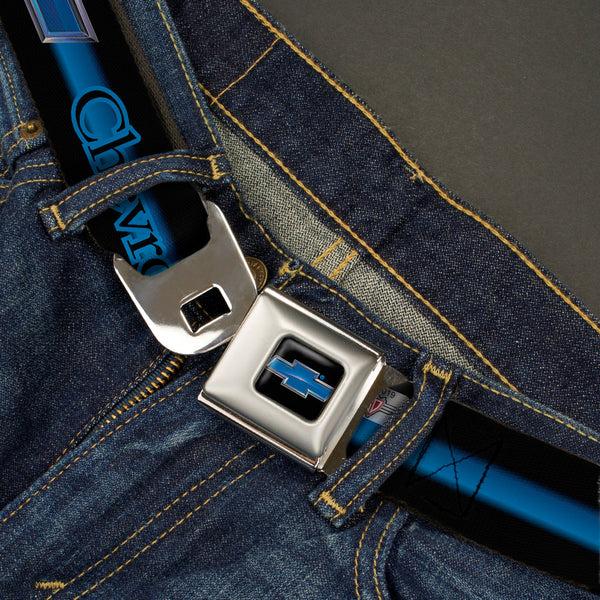Buckle-Down Chevrolet Horizon Bowtie Full Color Black Silver Blue Seatbelt Belt - CHEVROLET/Horizon Bowtie Ombre Black/Blue/Silver/Blue Webbing