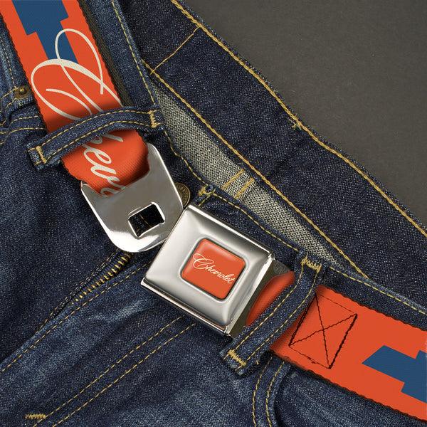 Buckle-Down CHEVROLET Script Full Color Orange/White/Blue Seatbelt Belt - CHEVROLET Script And Bowtie Orange/White/Blue Webbing