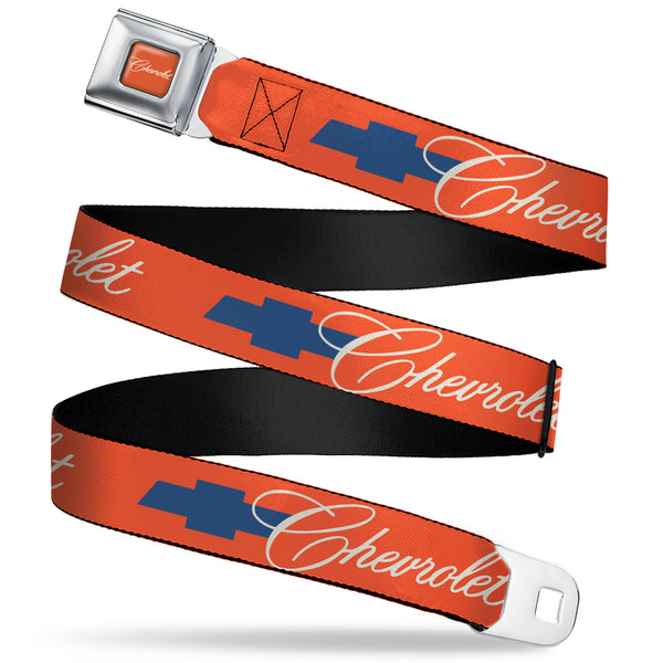 Buckle-Down CHEVROLET Script Full Color Orange/White/Blue Seatbelt Belt - CHEVROLET Script And Bowtie Orange/White/Blue Webbing