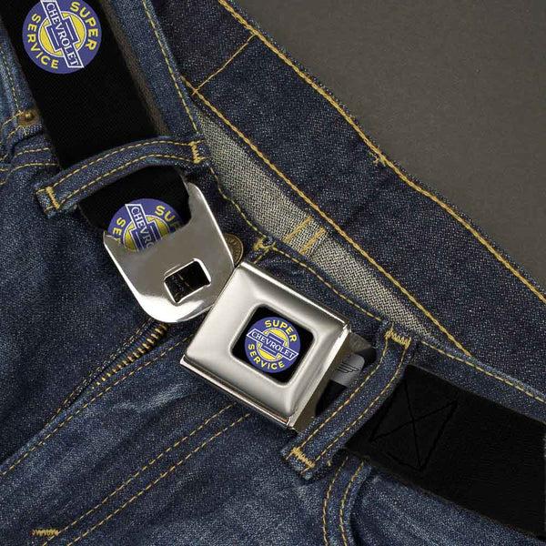 Buckle-Down CHEVROLET SUPER SERVICE Logo Black Blue Yellow White Seatbelt Belt - CHEVROLET SUPER SERVICE Logo Black/Blue/Yellow/White Webbing