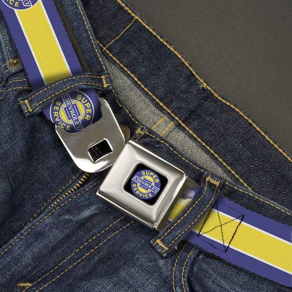 Buckle-Down CHEVROLET SUPER SERVICE Logo Black Blue Yellow White Seatbelt Belt - CHEVROLET SUPER SERVICE Logo/Stripe Blue/White/Yellow Webbing