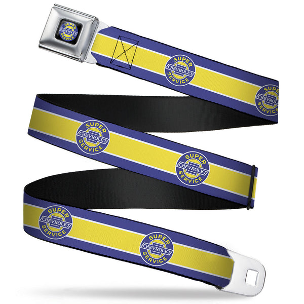 Buckle-Down CHEVROLET SUPER SERVICE Logo Black Blue Yellow White Seatbelt Belt - CHEVROLET SUPER SERVICE Logo/Stripe Blue/White/Yellow Webbing