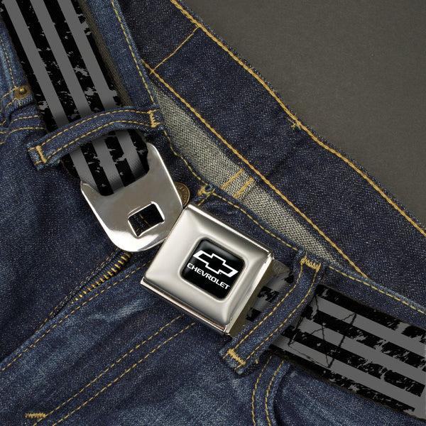 Buckle-Down Chevy Bowtie/CHEVROLET Text Full Color Black/White Seatbelt Belt - Chevrolet Bowtie Americana Stripes Weathered Gray/Black Webbing